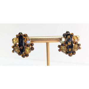 Vintage Hobe Brown Glass Beads Gold Tone Filigree Clip On Earrings Smoky Topaz